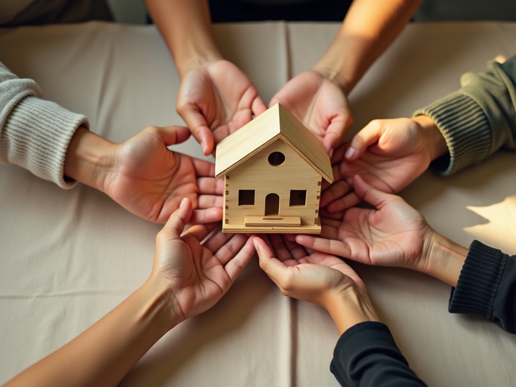 Manos de la comunidad sosteniendo una casa