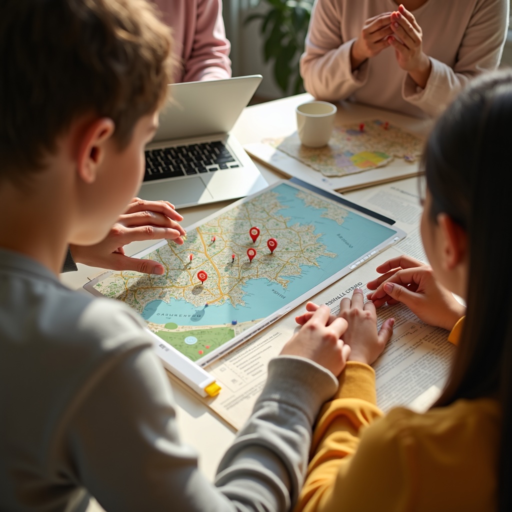Manos colaborando sobre un mapa con tecnología